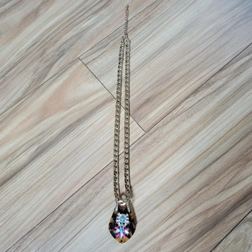 Tortoise Shell Acrylic Bejewled Curb Chain Pendant Necklace